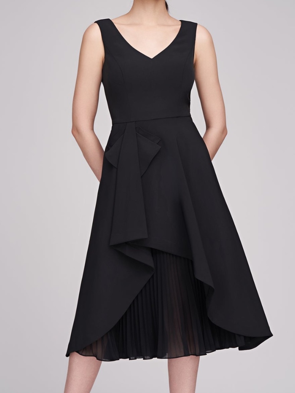 Kay Unger - Begonia Black Crepe Chiffon Ruffle Midi A-Line Dress